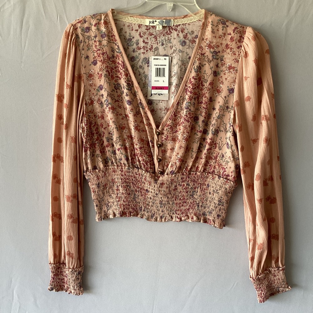 Jolt NWT Size L Floral Smocked Crop Top Pink V-Neck Long Sleeve Boho Blouse